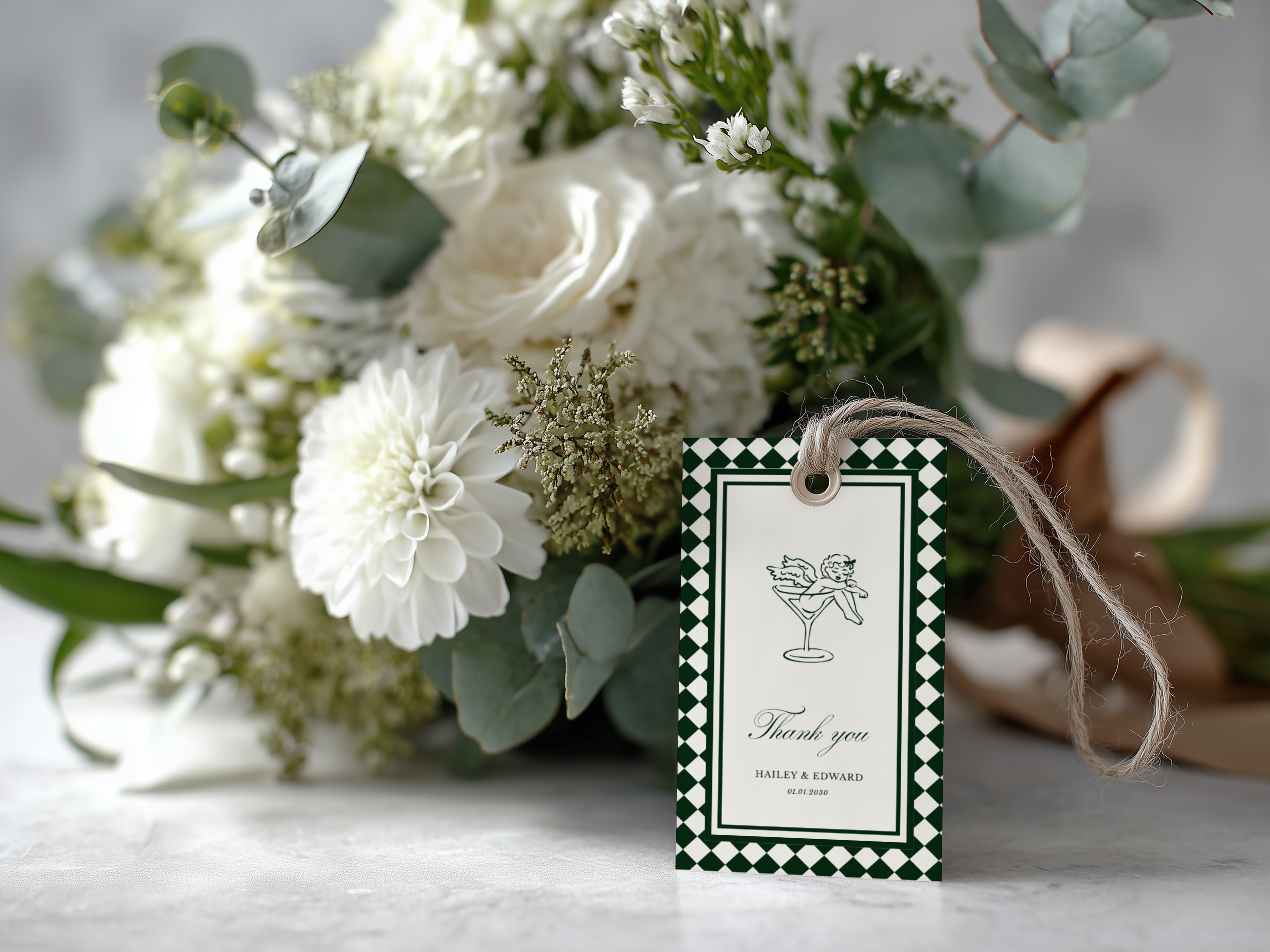 Green & White Wedding Favor Tag Template