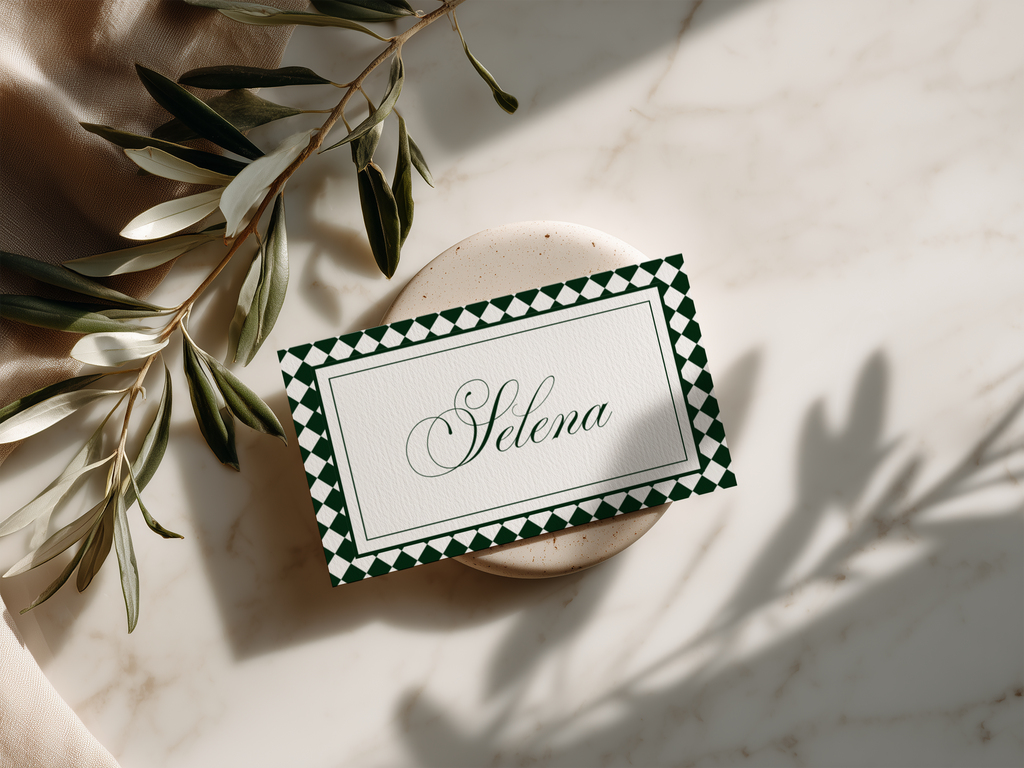 Green & White Wedding Place Card Template