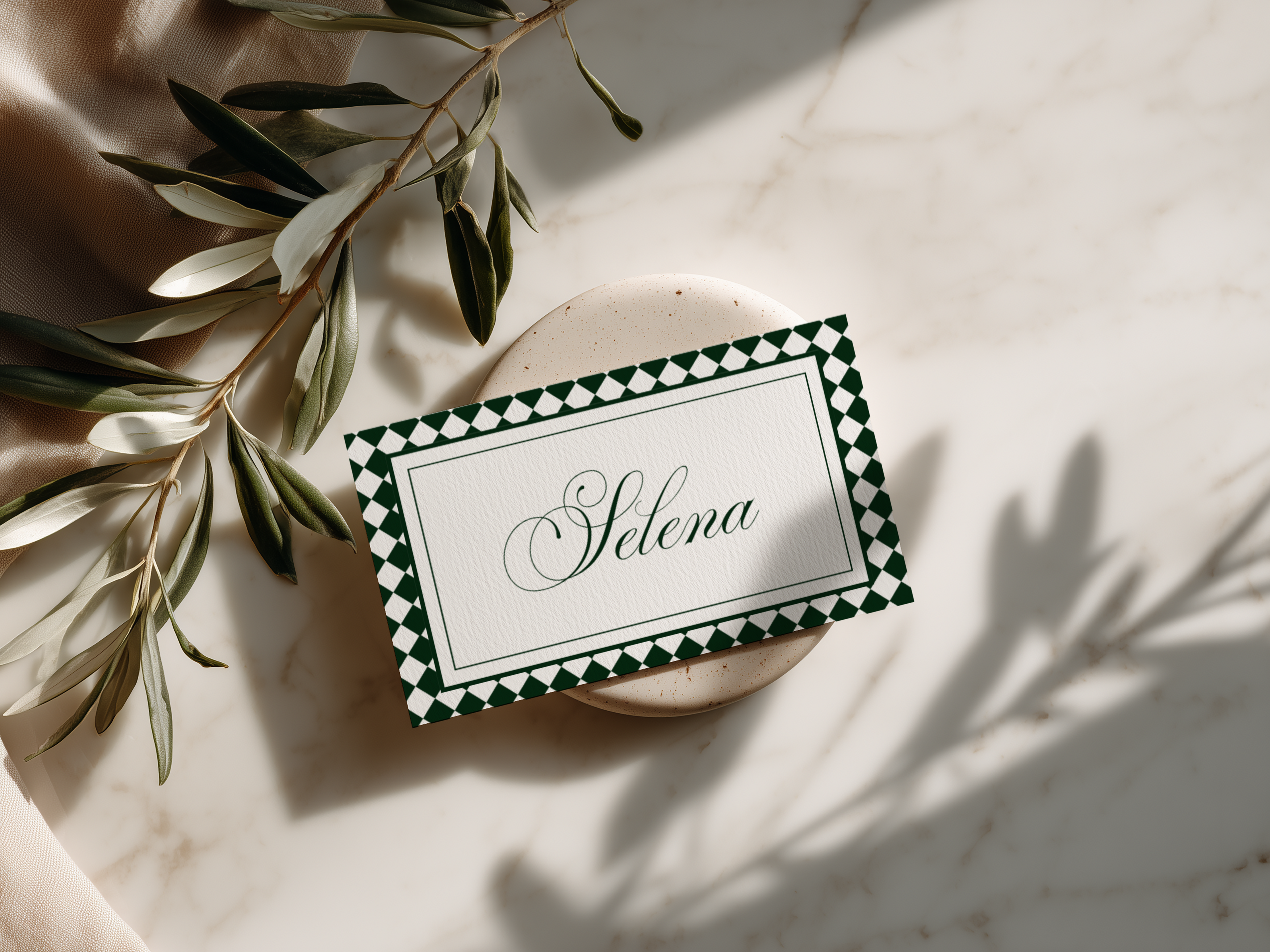 Green & White Wedding Place Card Template