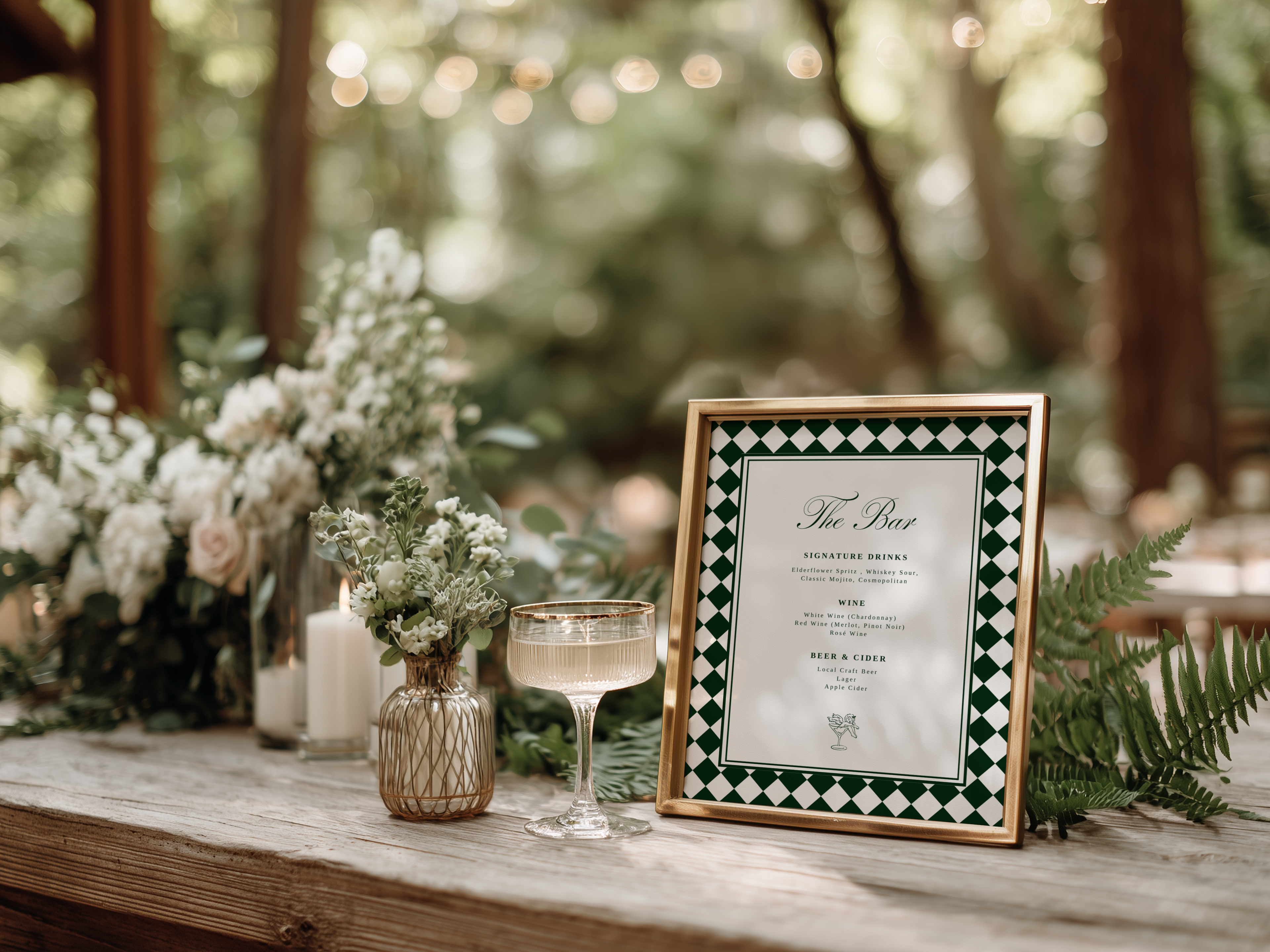 Green & White Wedding Bar Menu Sign Template