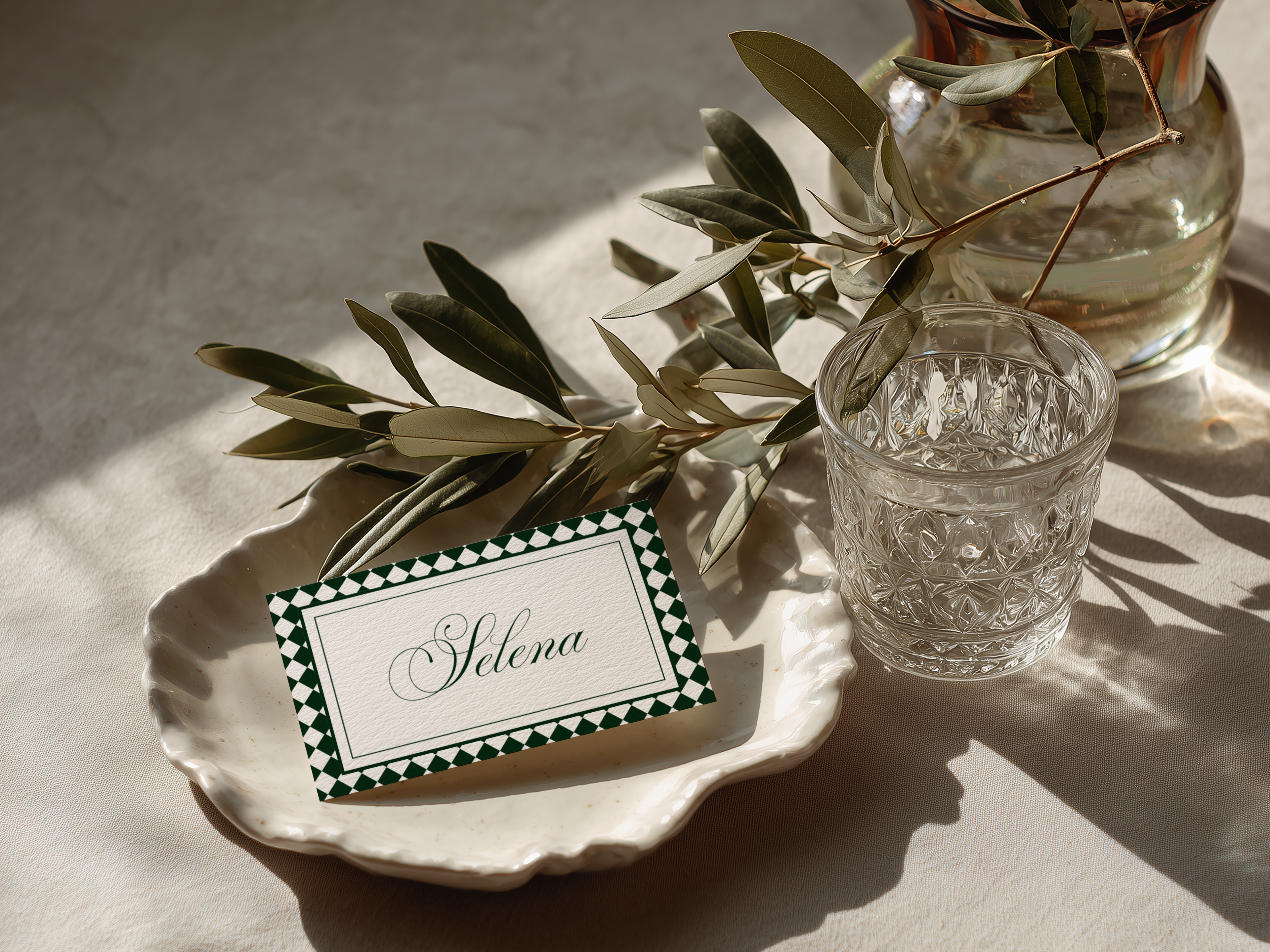 Green & White Wedding Place Card Template
