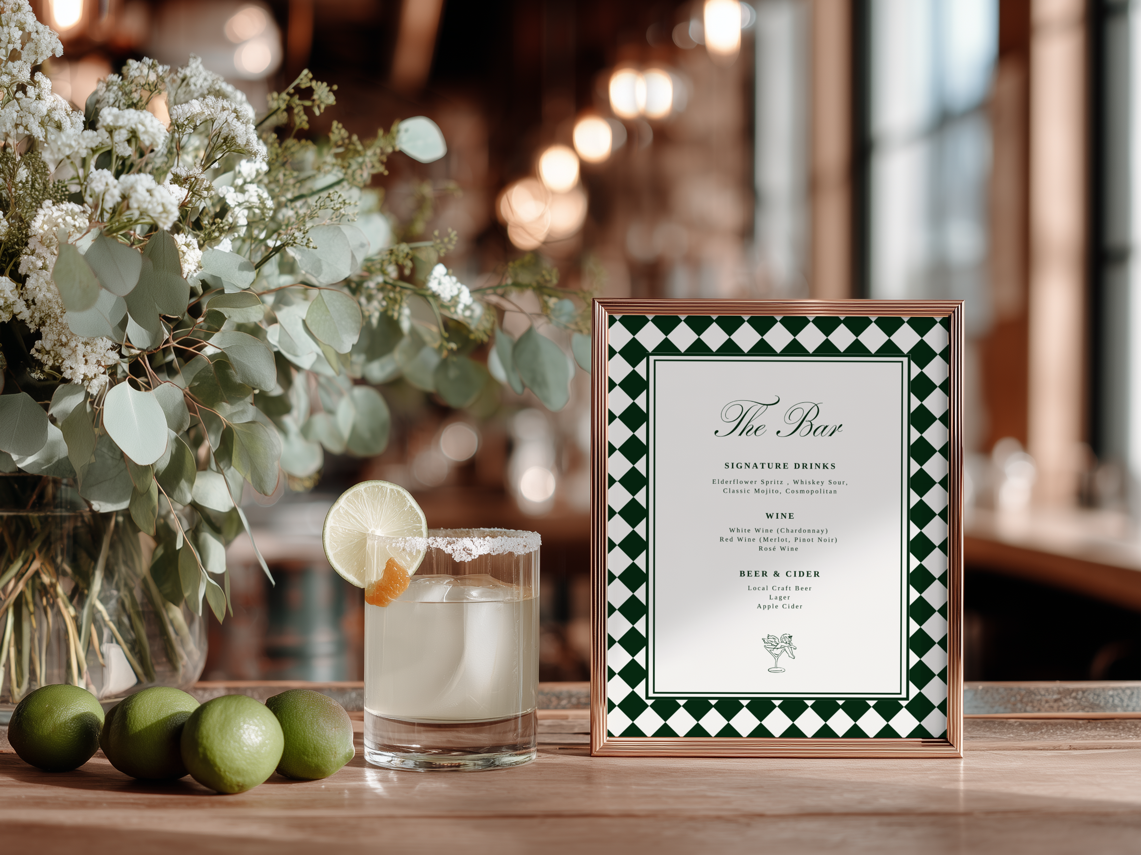 Green & White Wedding Bar Menu Sign Template