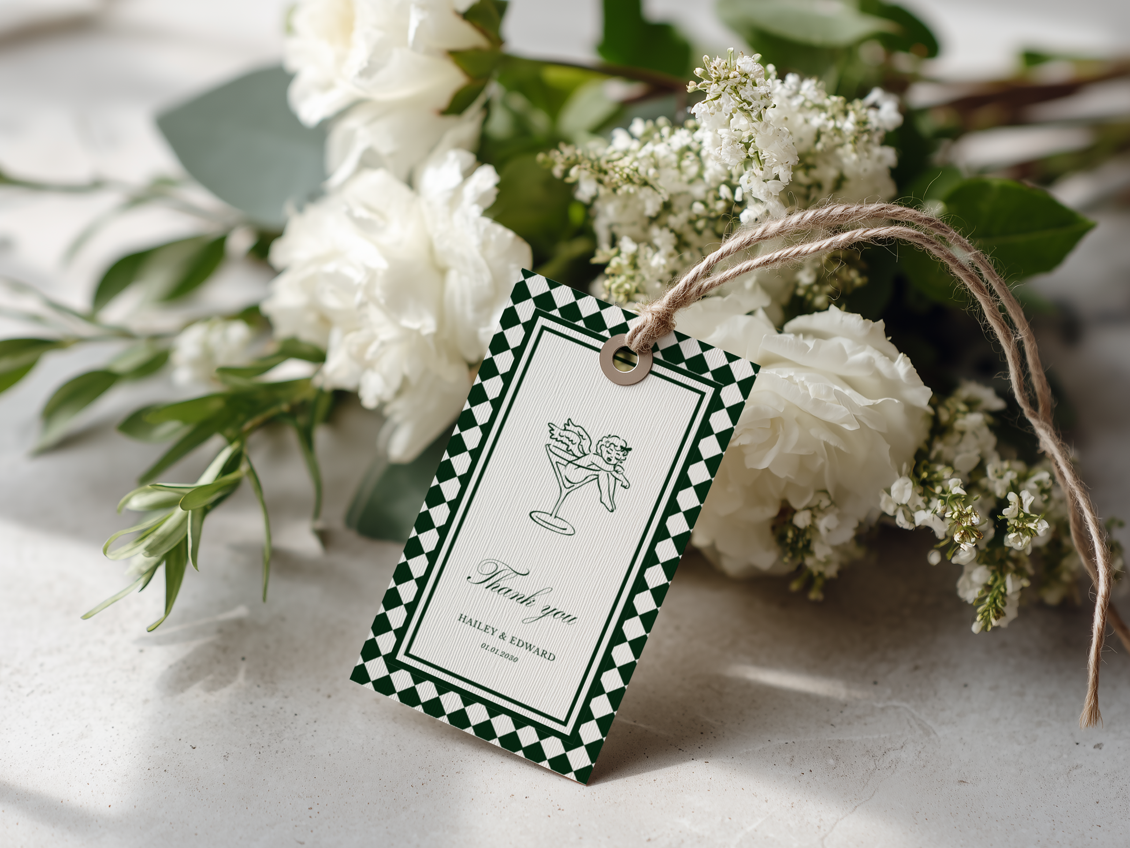 Green & White Wedding Favor Tag Template